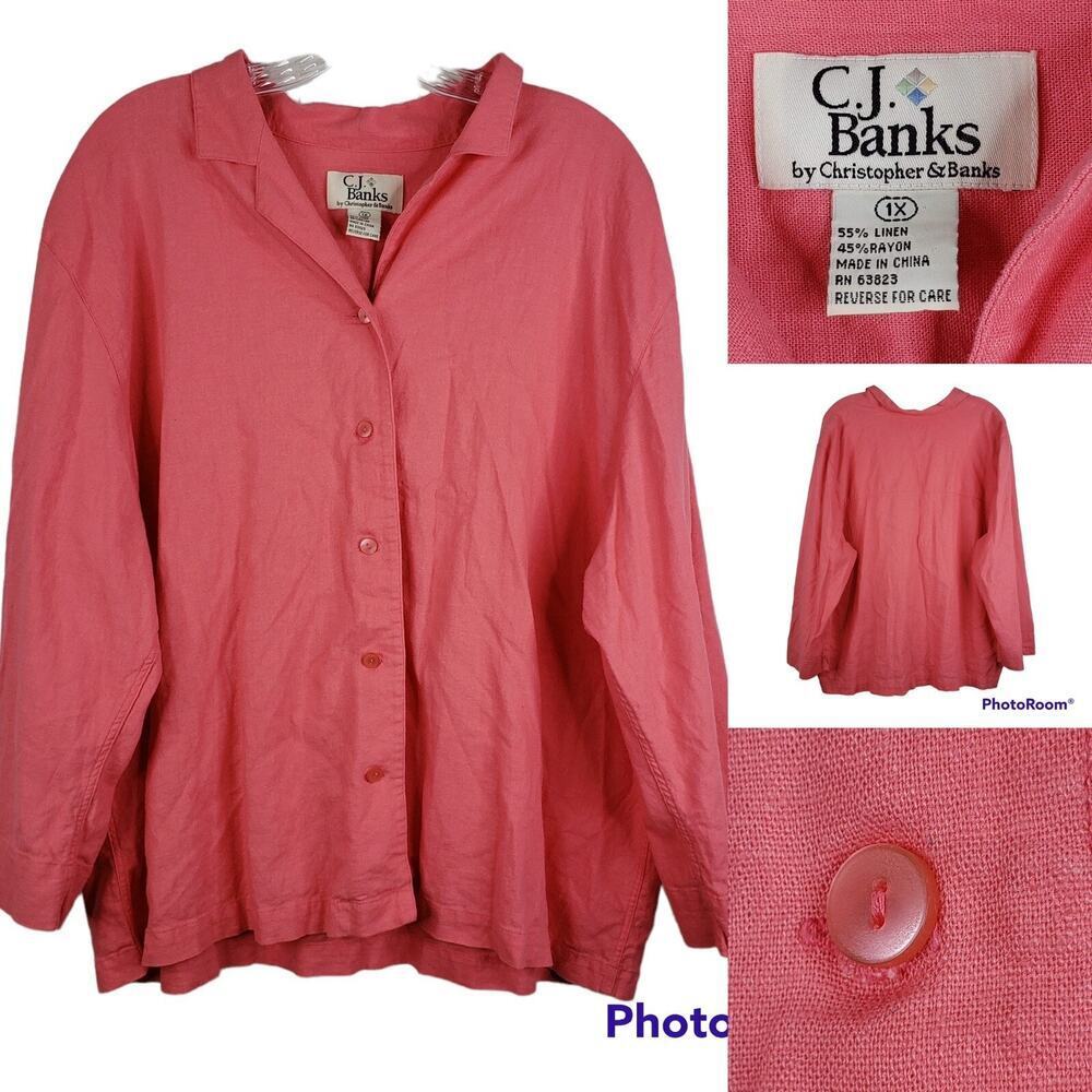 CJ Banks Christopher Banks Shirt Womens 1X Pink Linen Long Sleeve Button Up